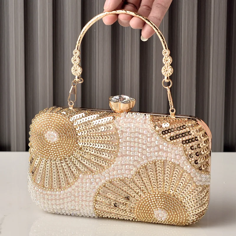 Pearl Sequined Silver Wedding Party Bag Handmade Embroidery Beaded Banquet Dress Clutch Purse Ladies Evening Handbag Champagne - view 3