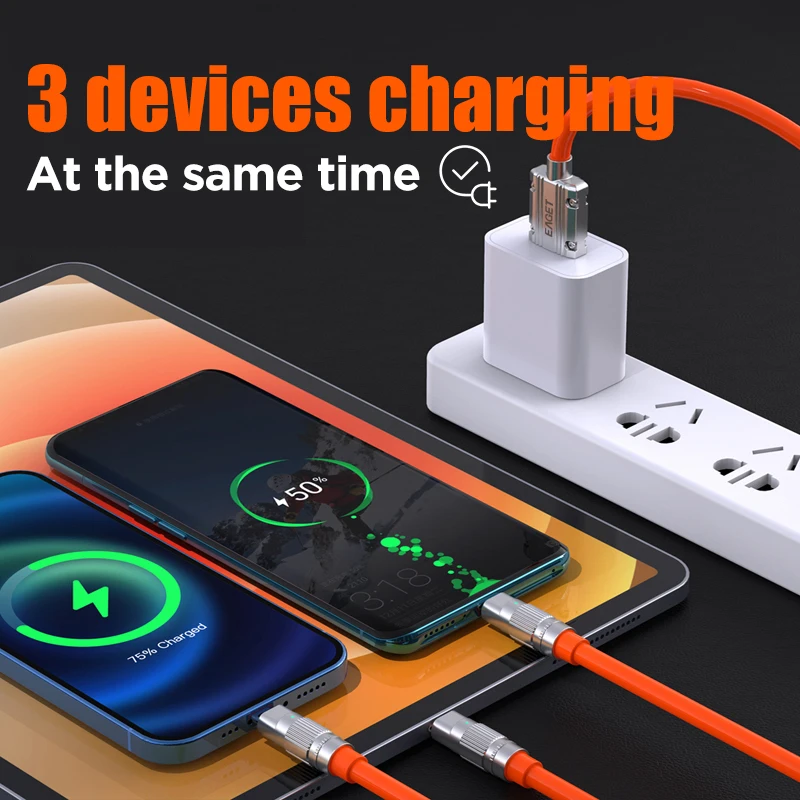 Eaget 3In1 120W Fast Charging Cable Cord For iPhone Android USB Type C Charger Cable Multi Port Multiple Usb Charging Wire Line