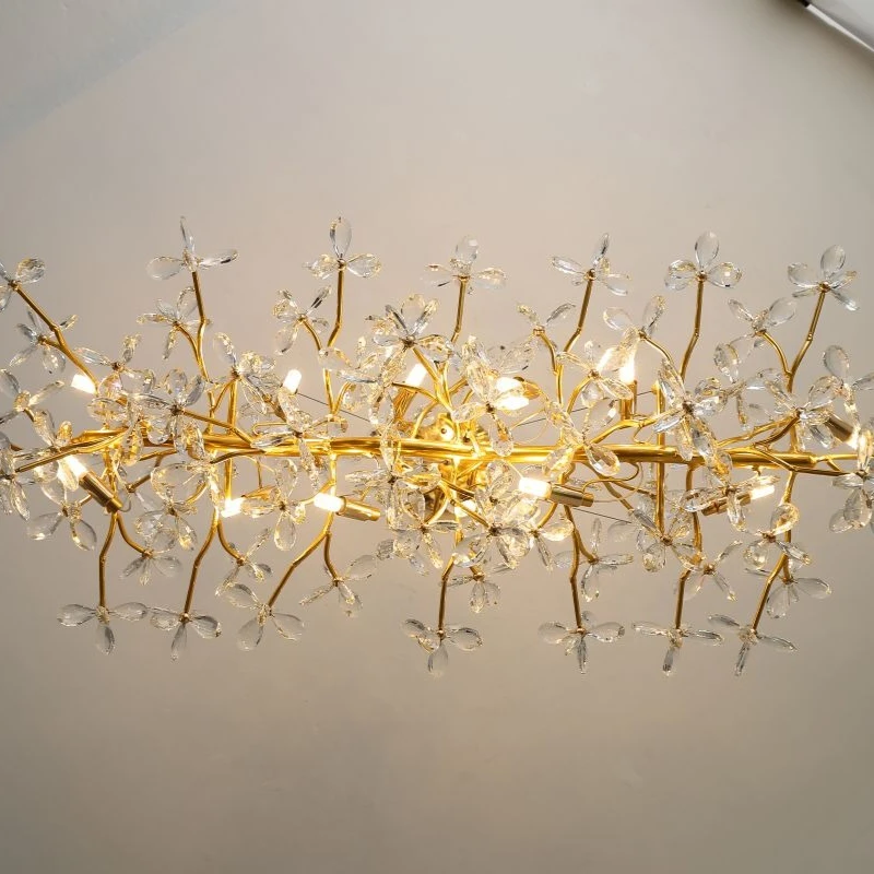 

Gold Crystal Chandelier for Living Room Dining Room Decor Adjustable Hight Branch Shaped Modern Flower Pendant Lights Fixture
