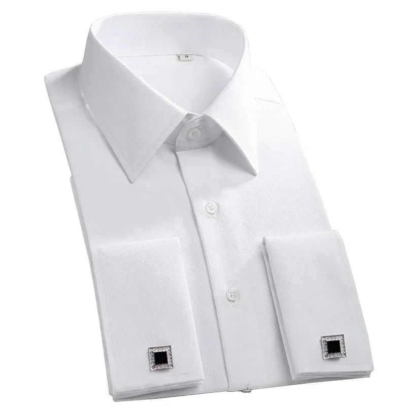 Classic French Cuff Men's Dress Shirt Long Sleeve Male Formal Wedding Party White Black Oversized Cufflink Shirts with Pocket