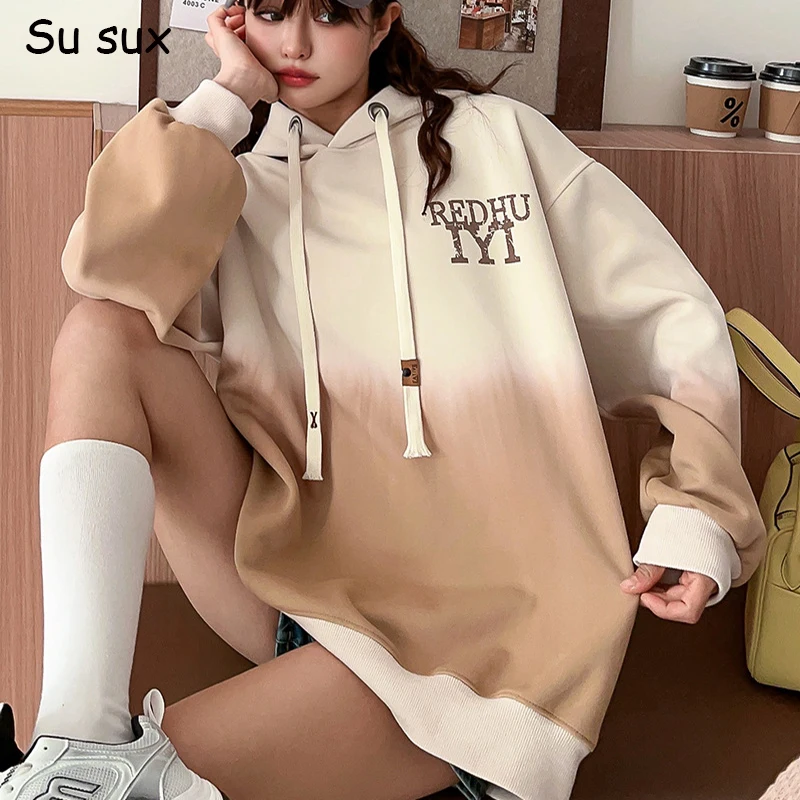 

Vintage Gradient Hoodies Sweatershirt Women Y2k Tops Clothes Casual Loose Pullover Long Sleeve Top Sportshirt Bust 125cm 2024