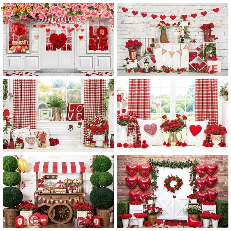 

Valentine's Day Photography Backdrop February 14 Love Heart Rose Flowers Ballons Wedding Anniversary Photo Backgrounds Studio