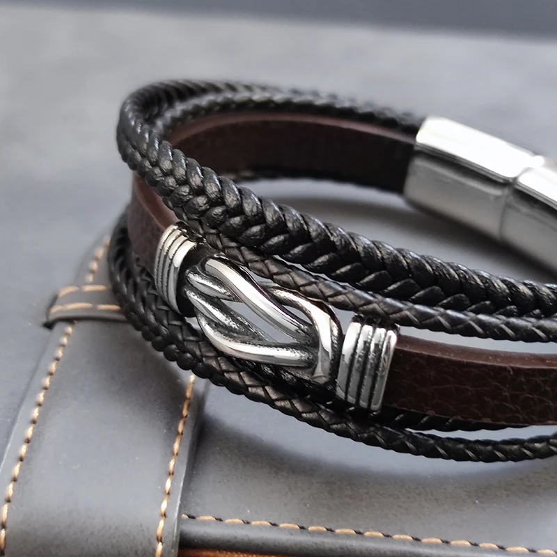 MingAo New Style Male Bracelet with Stainless Steel Beads Punk Braided Leather Bracelets Jewelry for Men 2023 Surprise Gift