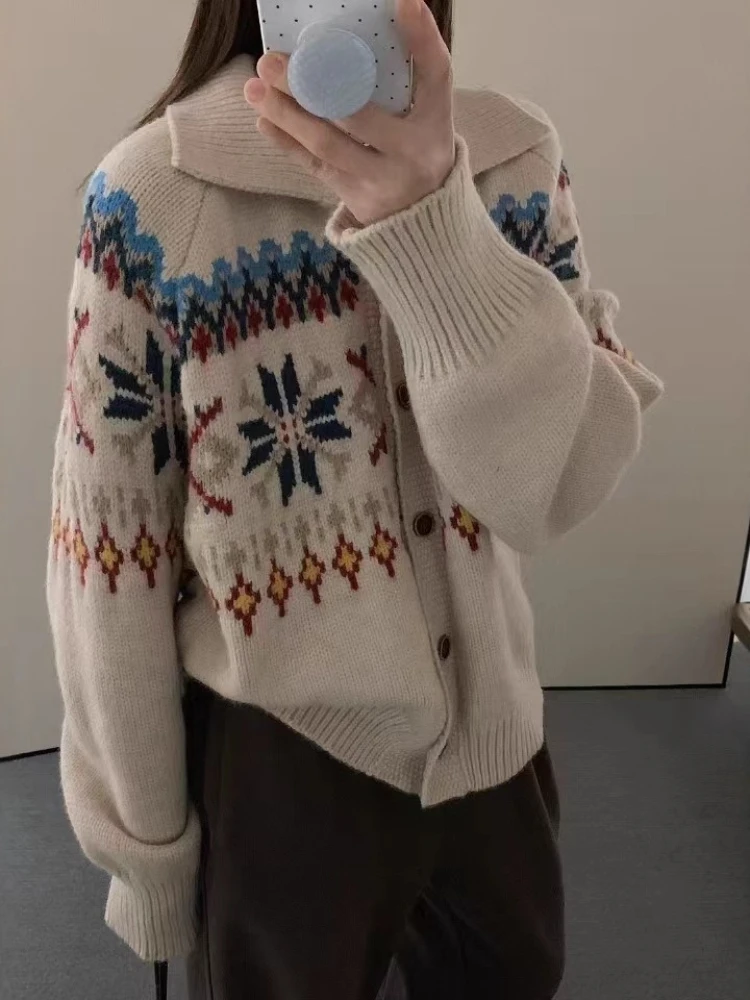 

Fashion All Match Knit Tops Single Breasted Jacquard Contrast Color Sweaters Casual Loose Cardigan Preppy Style Women's Clothing