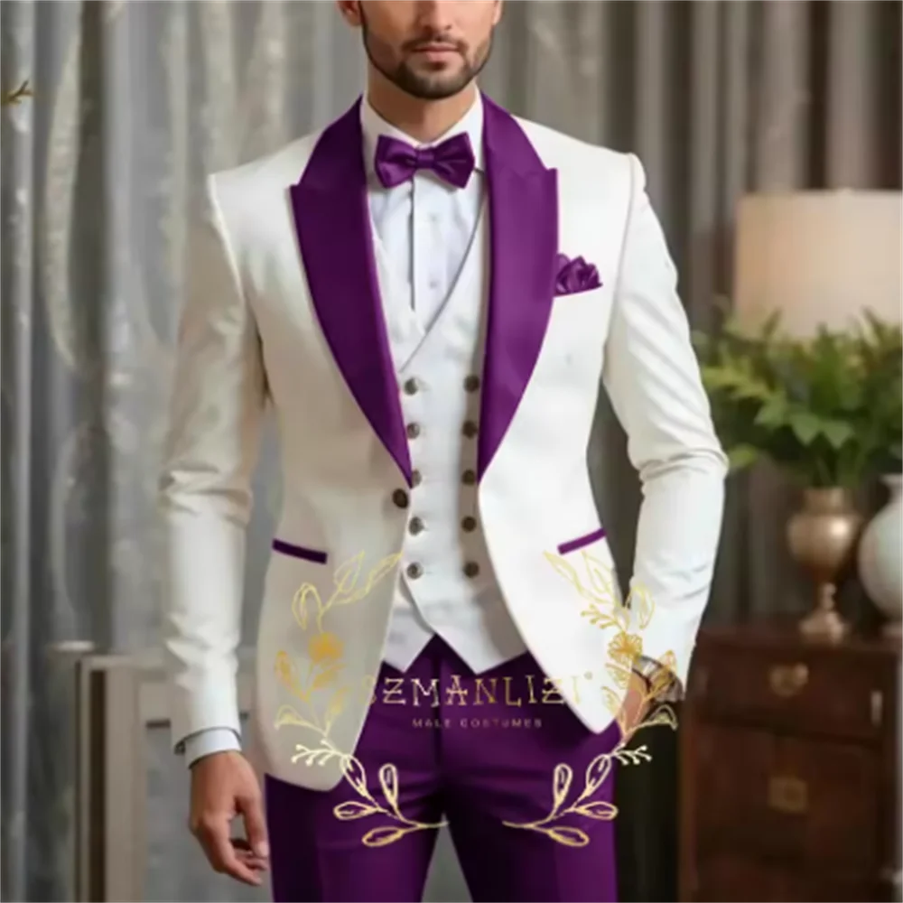 جديد الرجال البدلة مجموعات مأدبة رسمية فاخرة العاج السترة سترة بورجوندي السراويل وتتسابق الزفاف العرسان مخصص موضة سليم صالح ازياء
