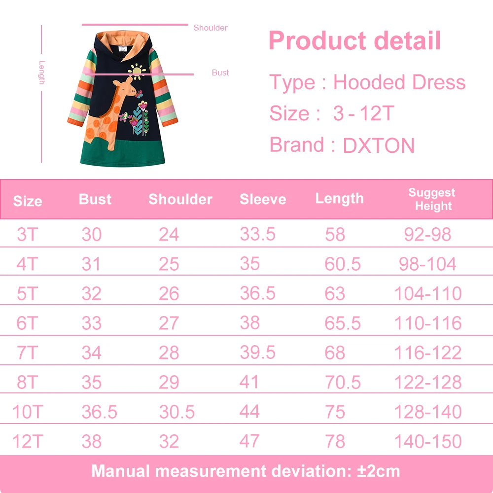 DXTON Girls Cotton Hooded Dress Rainbow Stripes Sleeve Children Dress Floral Giraffe Applique Winter Christmas Kids Casual Dress