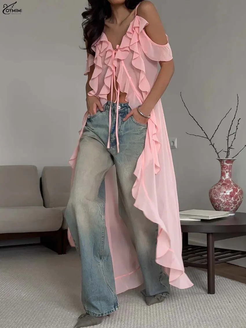 

Oymimi Elegant Pink Translucent Dresses 2025 Woman Fashion Spaghetti Strap V-Neck Ruffled Dresses Autumn Lace-Up Loose Dress