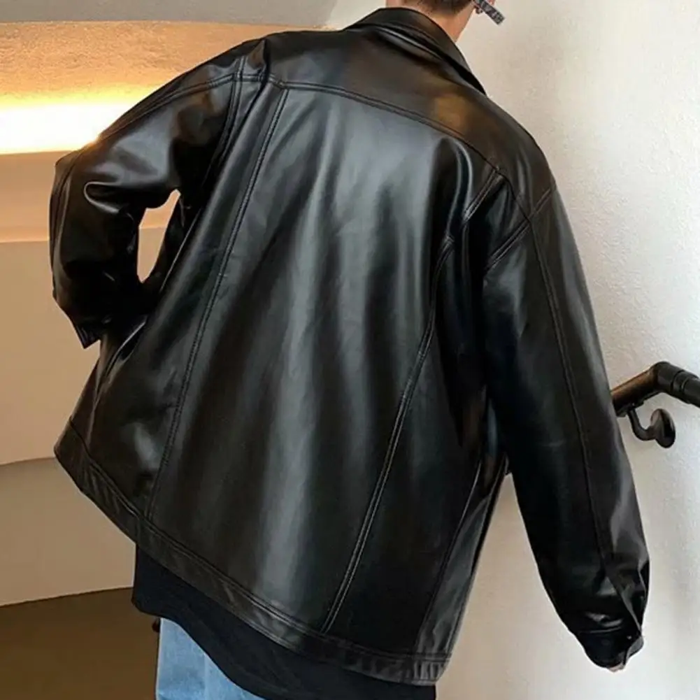 Stylish Men Short Jacket Stylish Men's Faux Leather Jacket with Turn-down Collar Button Closure Breast Pocket for Male