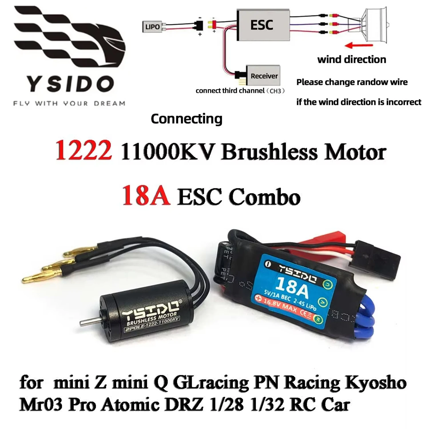 

YSIDO 1222 Brushless Motor 11000KV 18A ESC Combo for mini Z/Q GLracing PN Racing Kyosho Mr03 Pro Atomic DRZ 1/28 1/32 RC Car