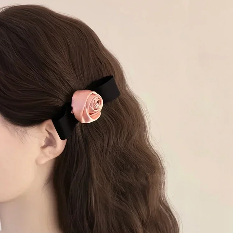 Pink Rose Bow Hair Clips For Girls Women Black Elastic Head Bands Student Braided Headrope Kids Hairpin Fashion Hair Accessories