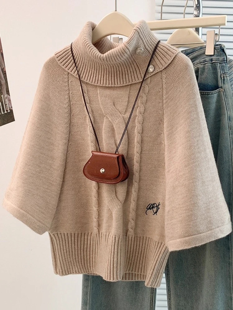 

Вязаная накидка с высоким воротником, женский осенне-зимний однотонный повседневный универсальный модный теплый пуловер, топ