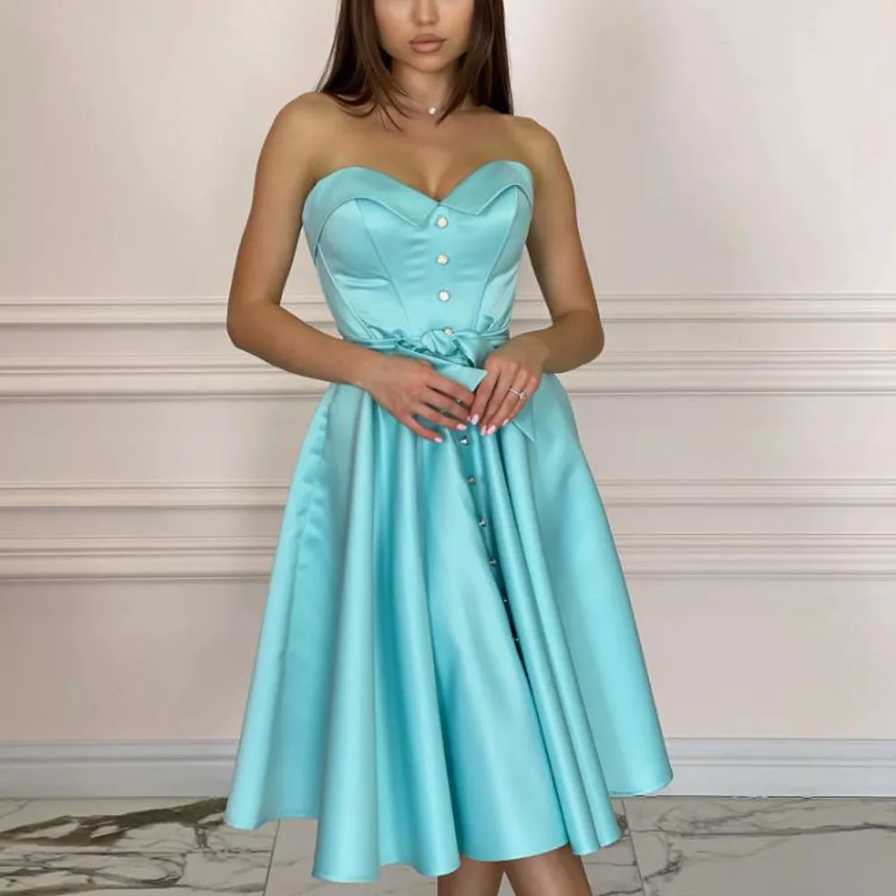 

Customized Front Button Tea Length Prom Dresses Sweetheart Pleated Short Evening Party Gown Satin A Line Midi Length Hoco Dress