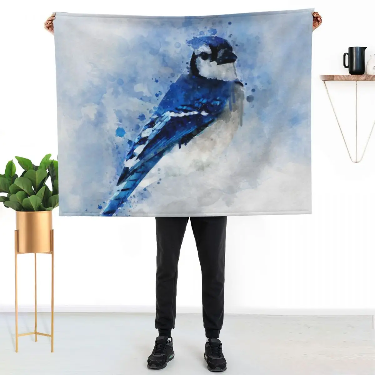 Dramabite Watercolour blue jay bird artistic artsy animal painting Throw Blanket Baby Cute Plaid Luxury Brand Blankets