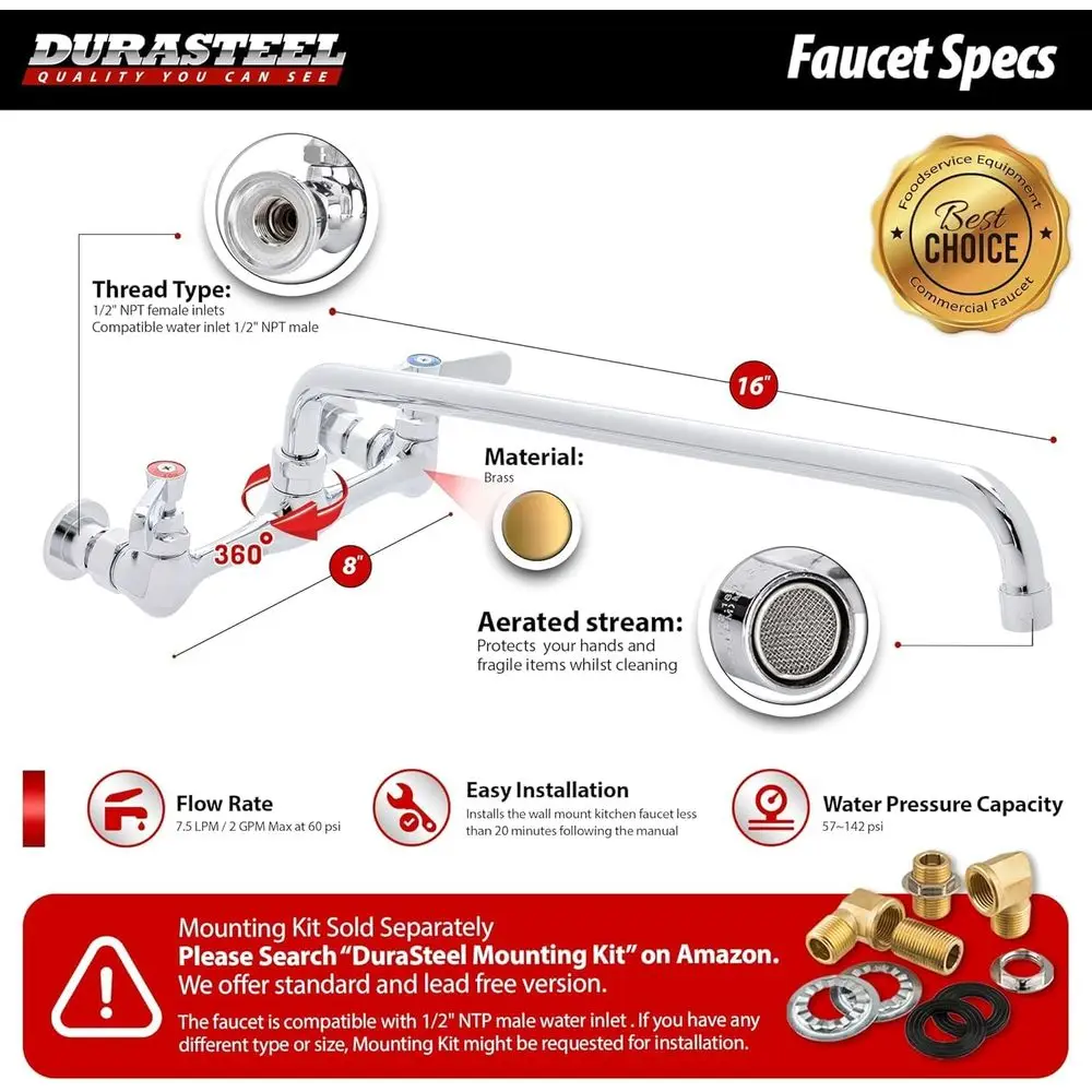 8 robinets de cuisine commerciaux à montage mural avec 16 becs pivotants, poignée à levier, pour éviers utilitaires de restaurants industriels