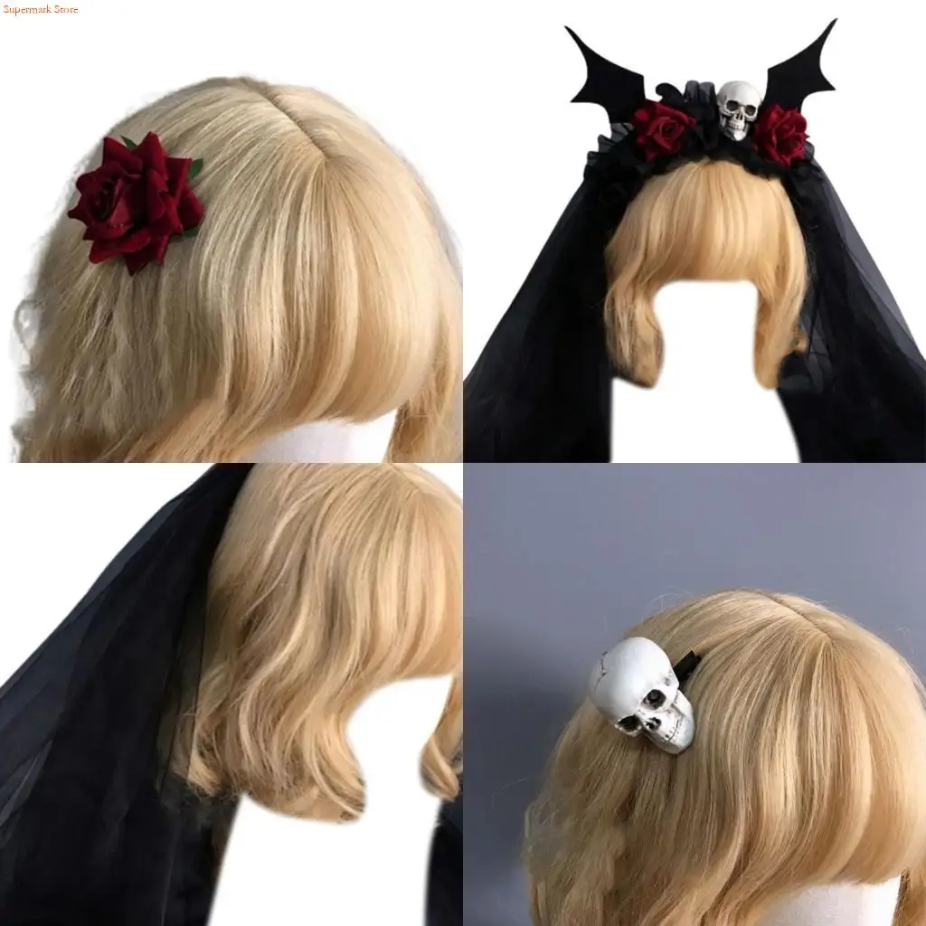 Q5WE Halloween Props Hair Clip Day of the Death Skull Rose Hairband Gothic Headpieces