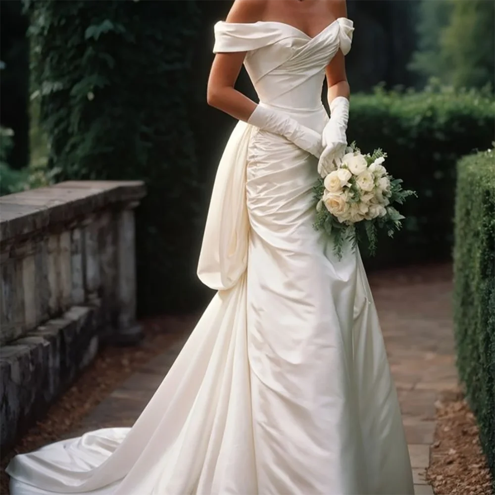 クラシックオフショルダーノースリーブプリーツマーメイド花嫁のウェディングドレスブライダルドレスカスタマイズ