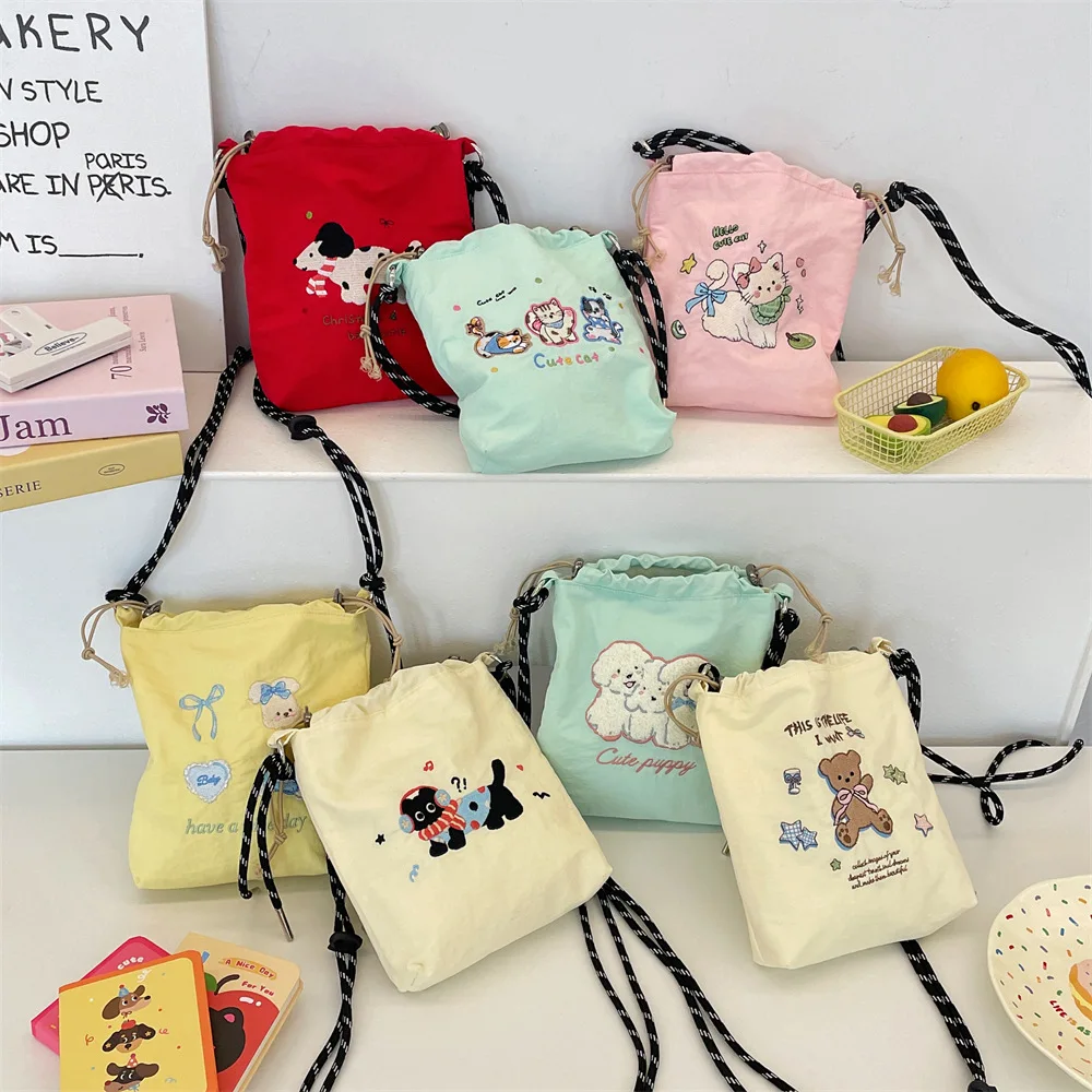 

Colorful Embroidered Small Bucket Bag Korean Girls Shoulder Bags Crossbody Phone Bag Phone Pouch Crossbody Bags Drawstring Bag