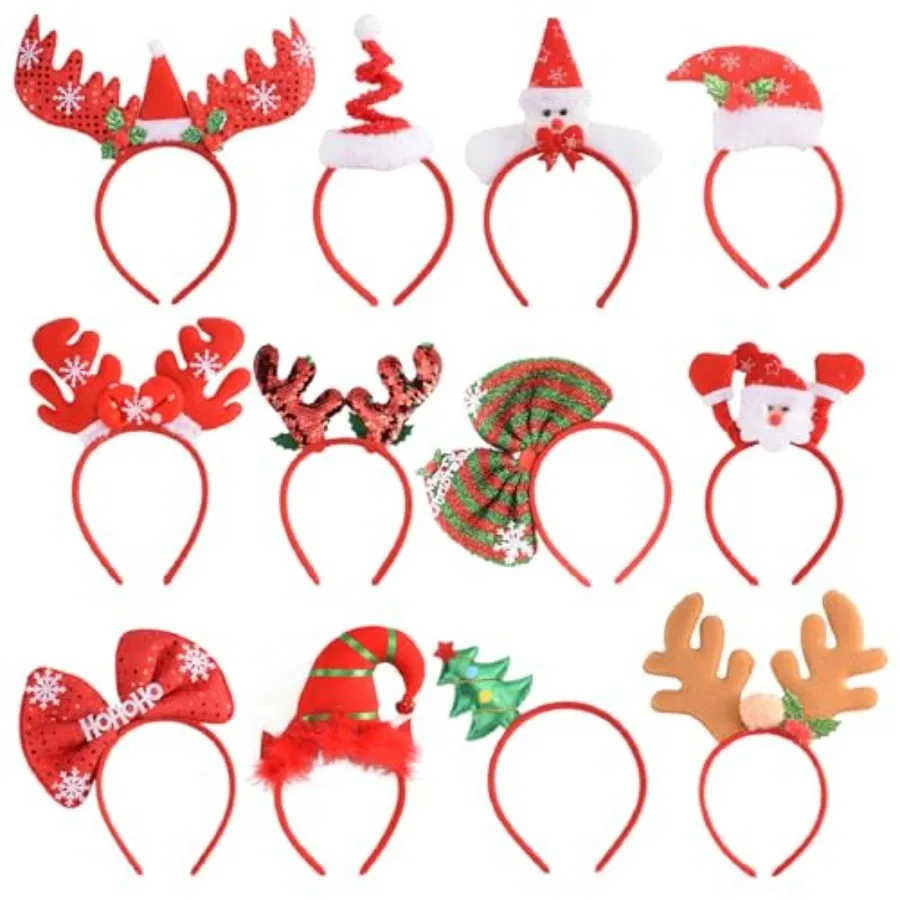 

12 PCS Holiday Headbands, Cute Christmas head hat toppers, Great Fun and Festive for Christmas Party Favors Holiday Favors Phot