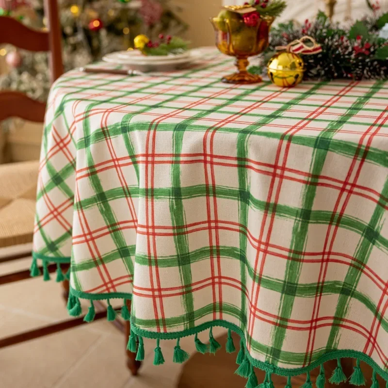 Christmas Red Green Plaid Table Cloth Polyester Cotton Tassel Decoration Tablecloth Cover Christmas Party Tablecloths Supplies