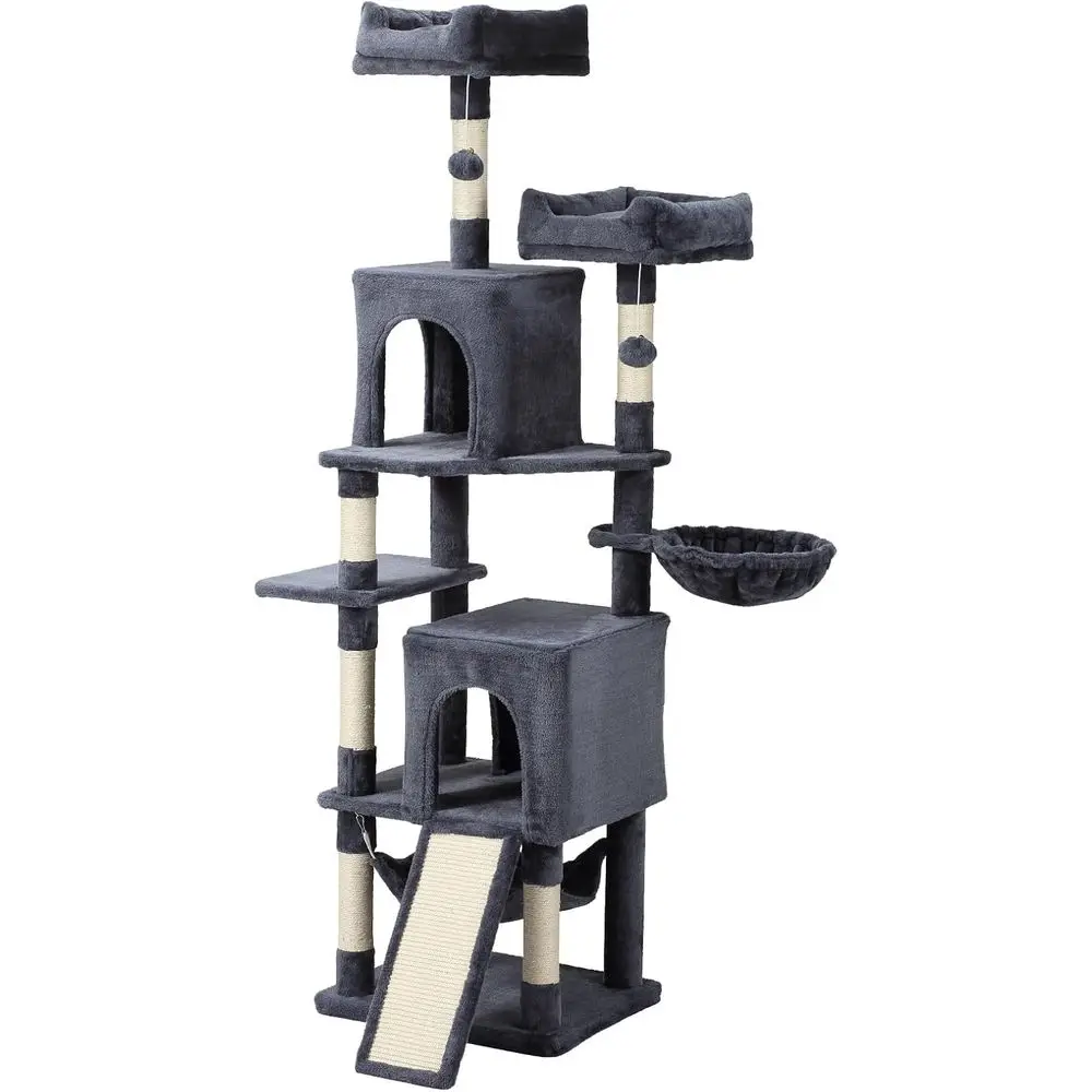 

70-Inch Multi-Level Cat Tower with Hammock, Scratching Post, Condo, and Playhouse - Large Gray Cat Activity Center