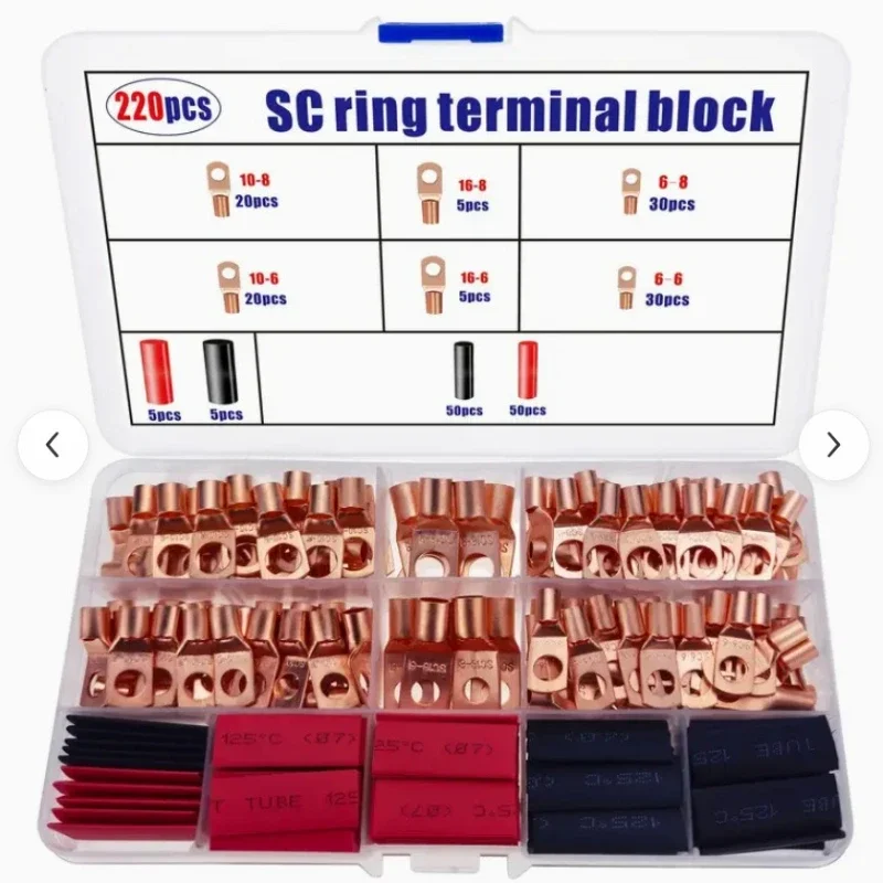 60/100/220pcs Copper Terminal Connectors, AWG 4 6 8 10 12 Ring Lug Kit With Shrink Tubing 50 Battery Cable Lugs With Shrink