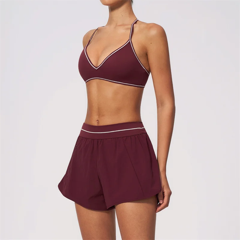TRY TO BN 2 Piece Gym Sets Colorblock Y-back Sports Bra Ruffled Athletic Shorts Women's Tracksuit Fitness Workout Yoga Clothing