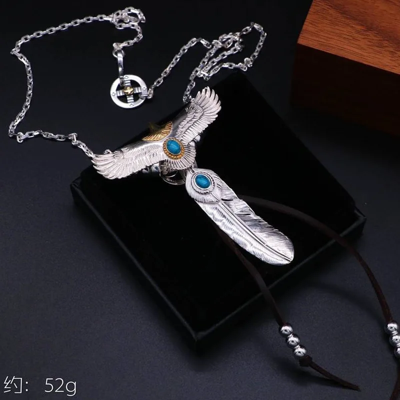 

Indian style S925 sterling silver small turquoise eagle single feather pendant necklace with layered leather rope tassel set cha