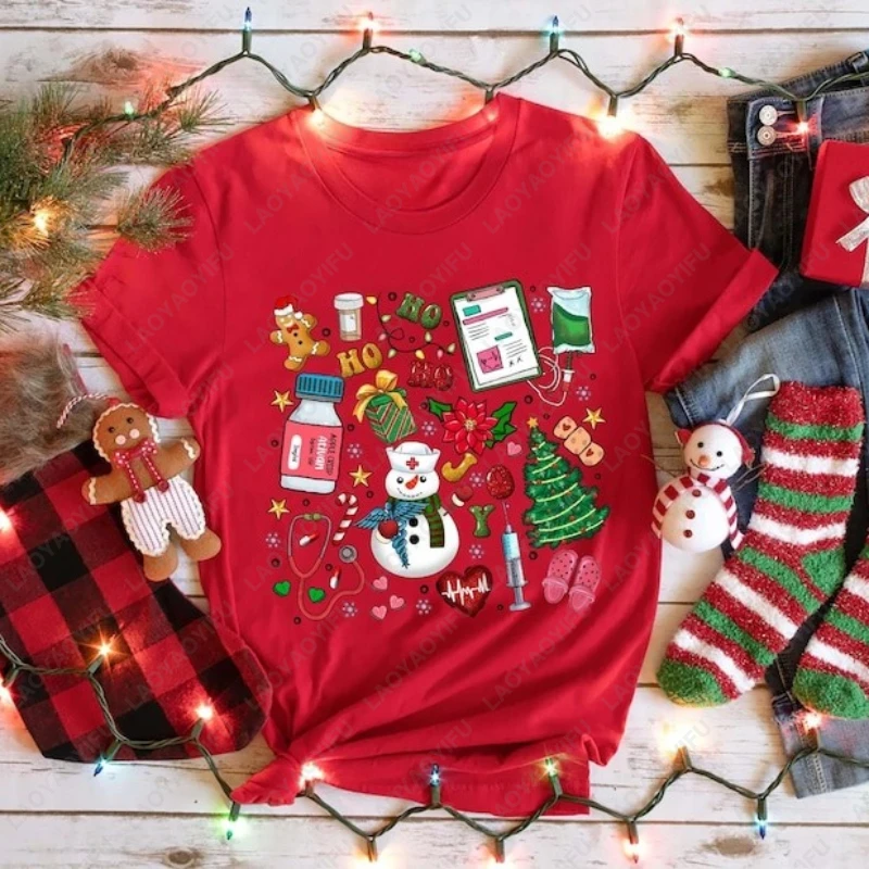 Lustige Krankenschwester-Weihnachts-Festliche Feiertags-T-Shirts, süßer Schulstil, Herren- und Damen-Baumwoll-T-Shirt, einzigartige Unisex-Erwachsene, perfekte Geschenk-Kleidung