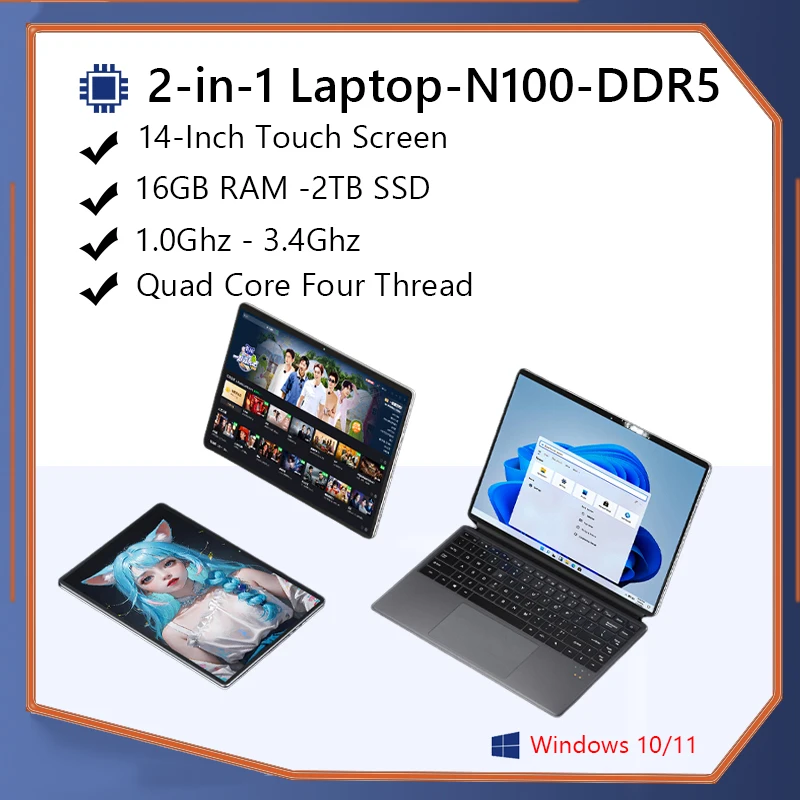 

Mini Laptop Touch Screen 2 In 1 Laptop Tablet 14.1Inch DDR5 16GB RAM 2TB SSD Intel Netbook Windows 11 Pro 3.4Ghz Quad Core WiFi6