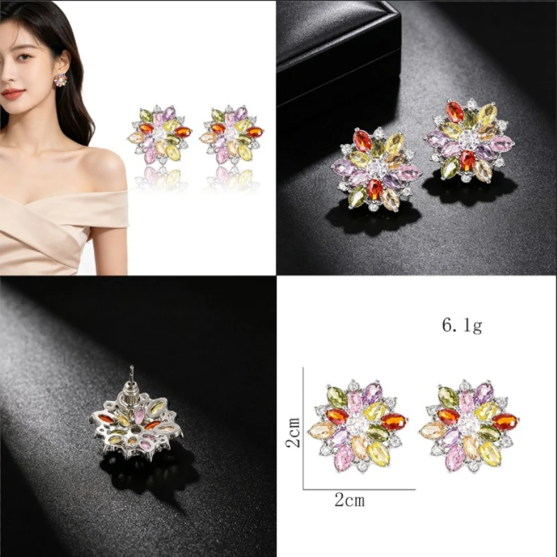 

Colorful Crystal Flower Stud Earrings Multicolor Zircon Floral Earrings Silver Plated Statement Earrings for Women Party Jewelry