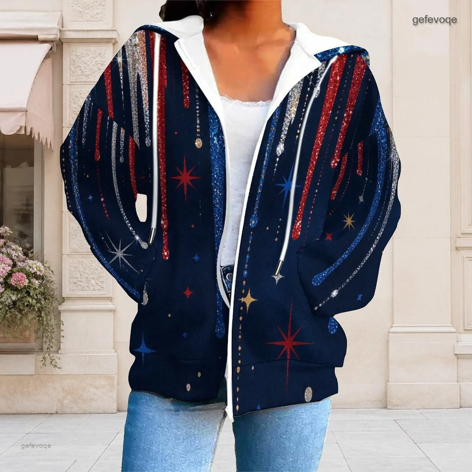 Women Red White Blue Star Splatter Printed Zip Up Long Sleeve Hoodie with Drawstring Hood and Pockets