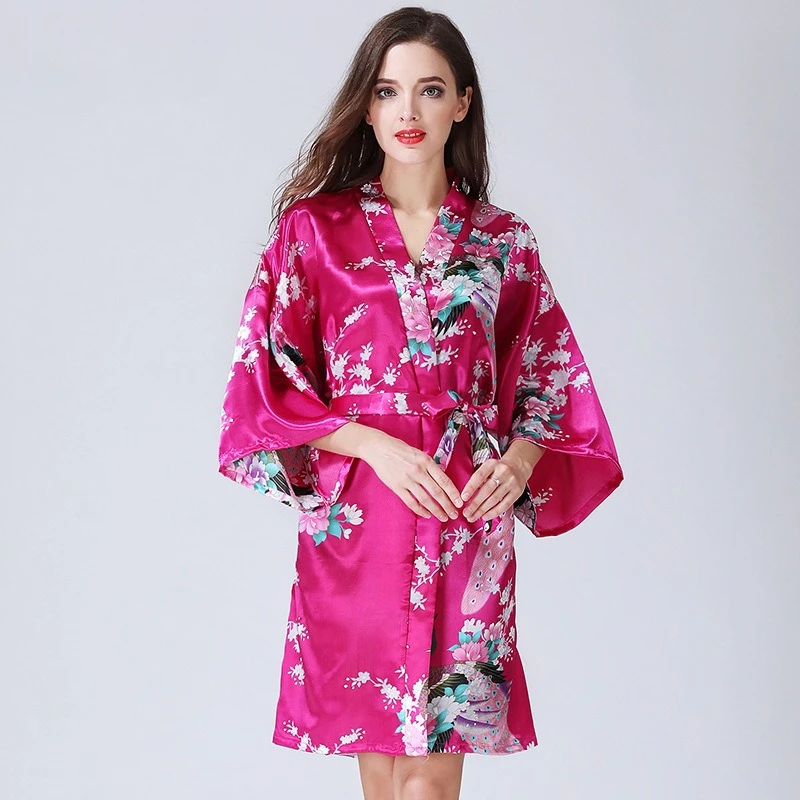 Pajamas Women's Medium-sleeved Imitation Silk Pajamas, Bathrobes, Loungewear, Peacock Bathrobes, Simple and Casual Bath Robe