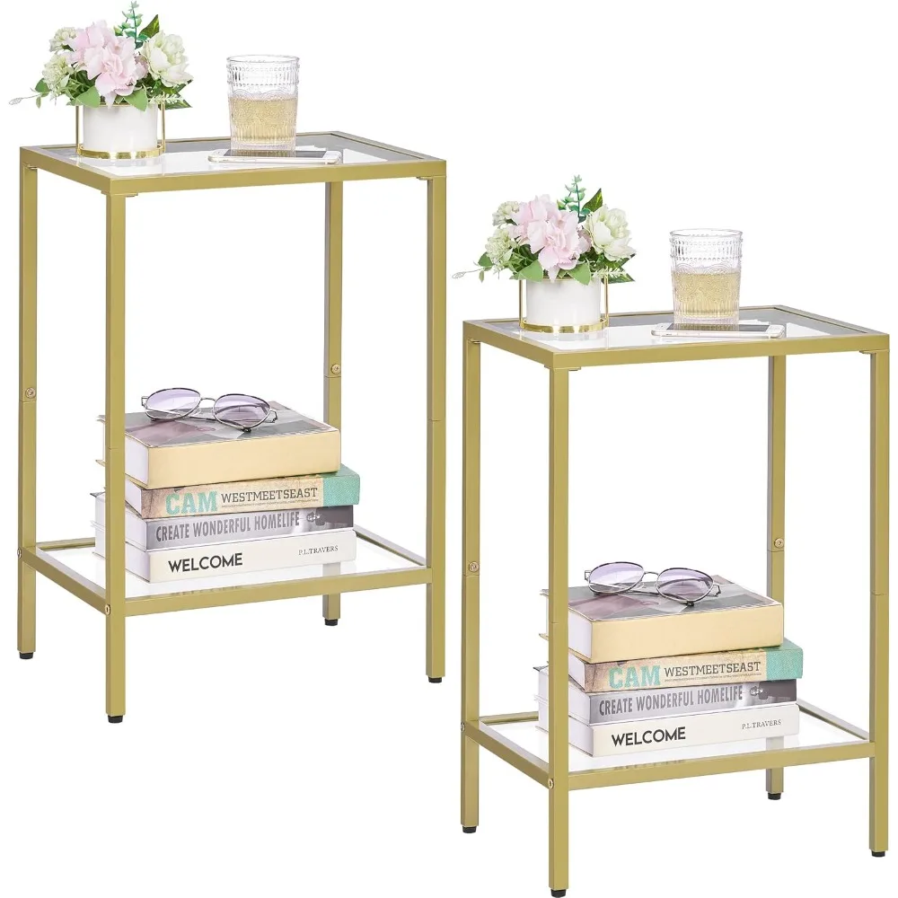 

Bedroom (2 Table Slim Sofa Table for Living Room Golden) End Tables With Tempered Glass 2-Tier Nightstands With Storage Shelves