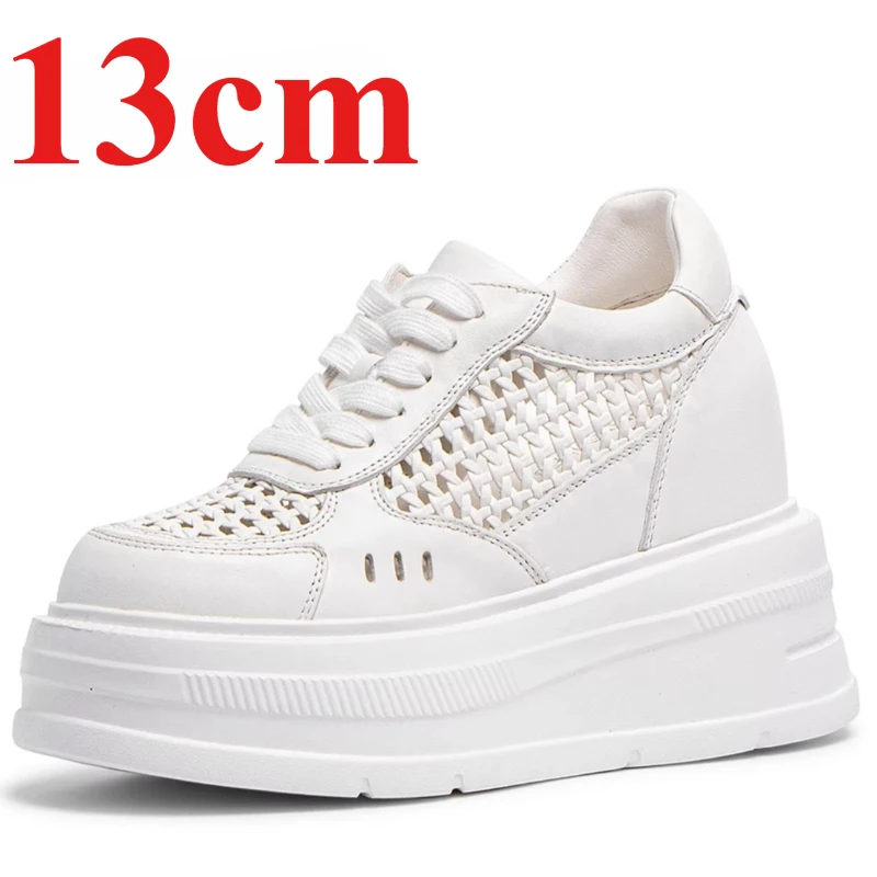 

White Mesh Shoes for Women's 13cm Elevator Summer Hollow Woven Genuine Leather Breathable Sports Casual Height Increasing Shoes