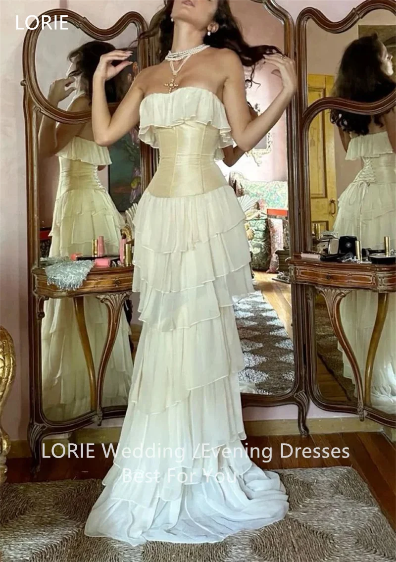 LORIE فساتين حفلات شيفون عاجية بدون حمالات طبقة مطوي بدون أكمام فستان حفلة موسيقية مسائية طول الأرض فساتين حفلات 2025 مخصص