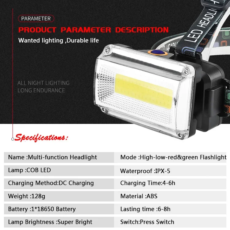 Powerful COB LED Headlight DC Rechargeable Headlamp 3Modes Waterproof Head Torch with 18650 Battery for Hunting Fishing