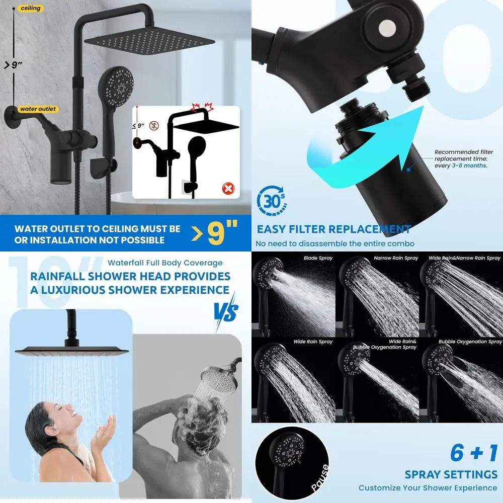

10 Adjustable Dual Shower System: High-Pressure 3-Way Rain Head with 7-Mode Handheld, Black