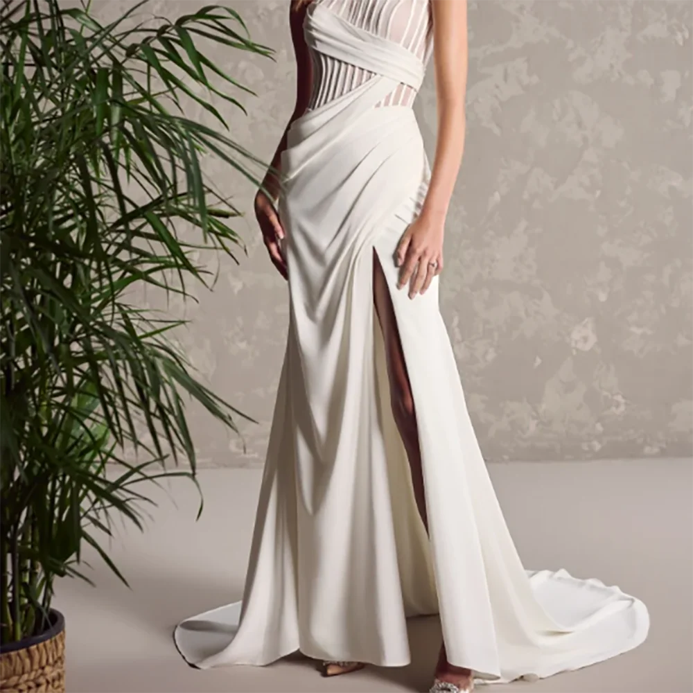 Abiti da sposa classici senza spalline con pieghe laterali e spacco a sirena, abiti da sposa personalizzati