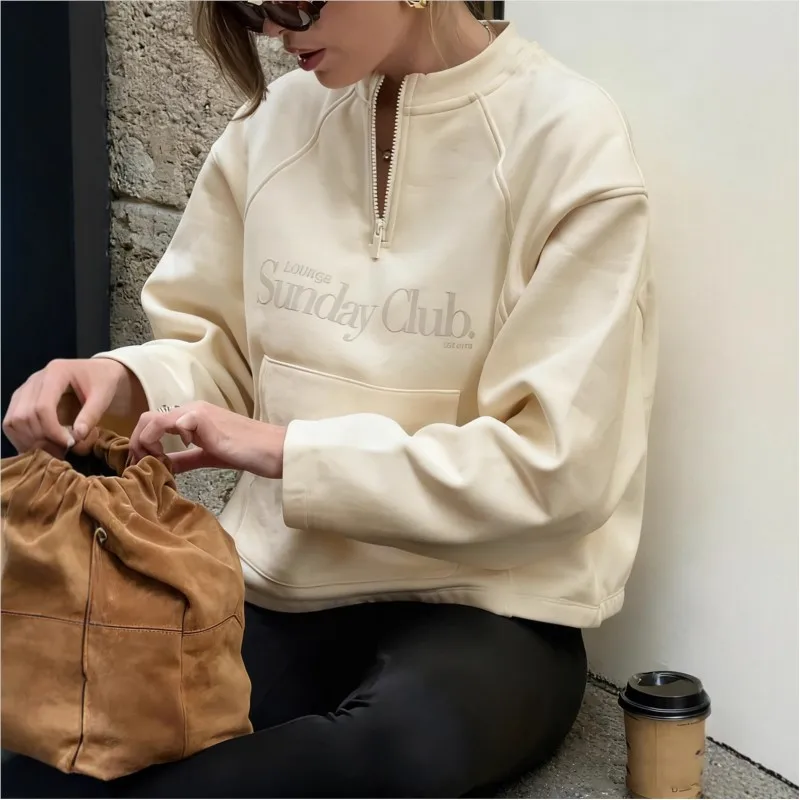 الحد الأدنى هوديي طويلة الأكمام، أزياء إلكتروني طباعة البريدي نصف الياقة المفتوحة فضفاضة رياضية البلوز الخريف الشتاء هوديس أنيقة