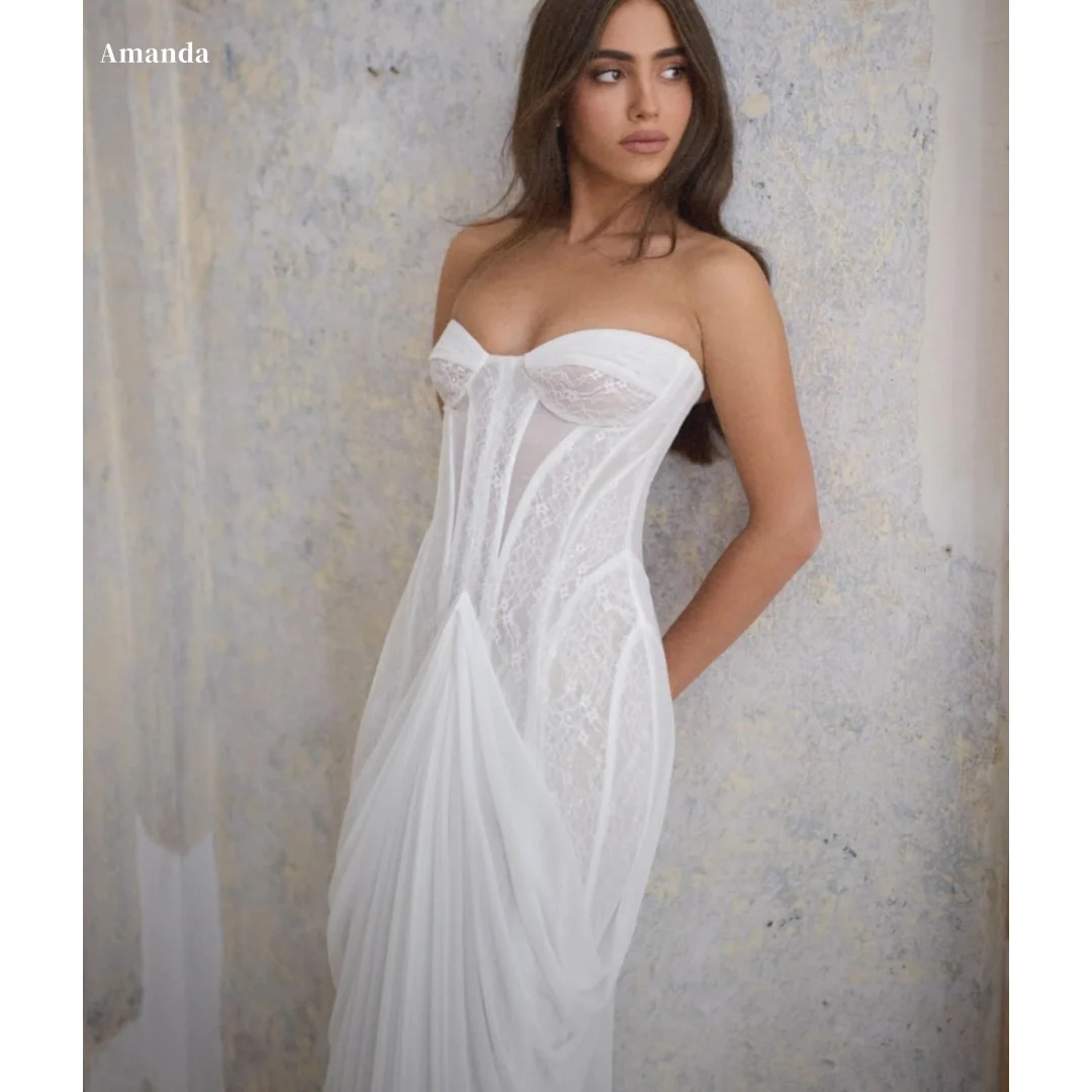 Amanda personalizado blanco sin tirantes vestido de fiesta sin espalda sin mangas vestidos de noche hasta el suelo noche Formal 2025