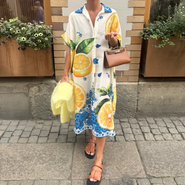 

Lemon Print Shirt Dresses Women Fashion Short Sleeves Lapel Loose Single-breasted Shirts Long Dress Casual Lady Vacation Vestido