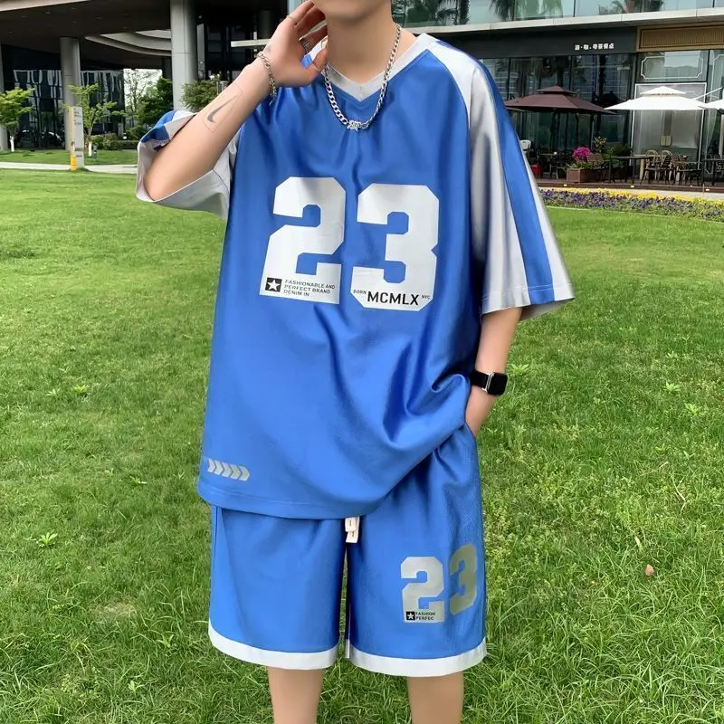 Summer glossy teenagers boy 2 pieces set Short sleeve loose basketball plus size tank top shorts