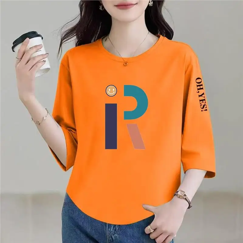 

Loose Mommy Style Half Sleeve T-Shirt for Middle-Aged Women Fashionable Polyester Fiber round Neck Thin Model for Winter