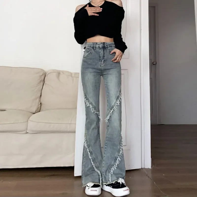 Rough Selvedge Splice Micro-flared Jeans, Women's Autumn New Slim Retro High-waisted Long Pants, Water Washing Make Old Jeans