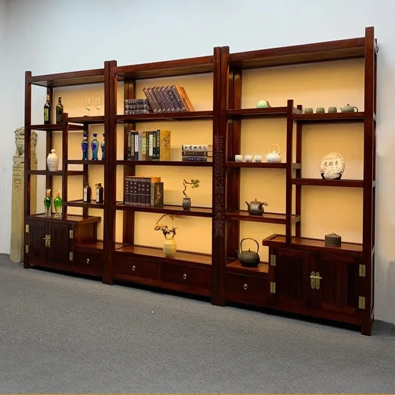 Old boat wood Bogu rack with lamp solid wood simple tea display cabinet antique shelf household living room partition bookshelf