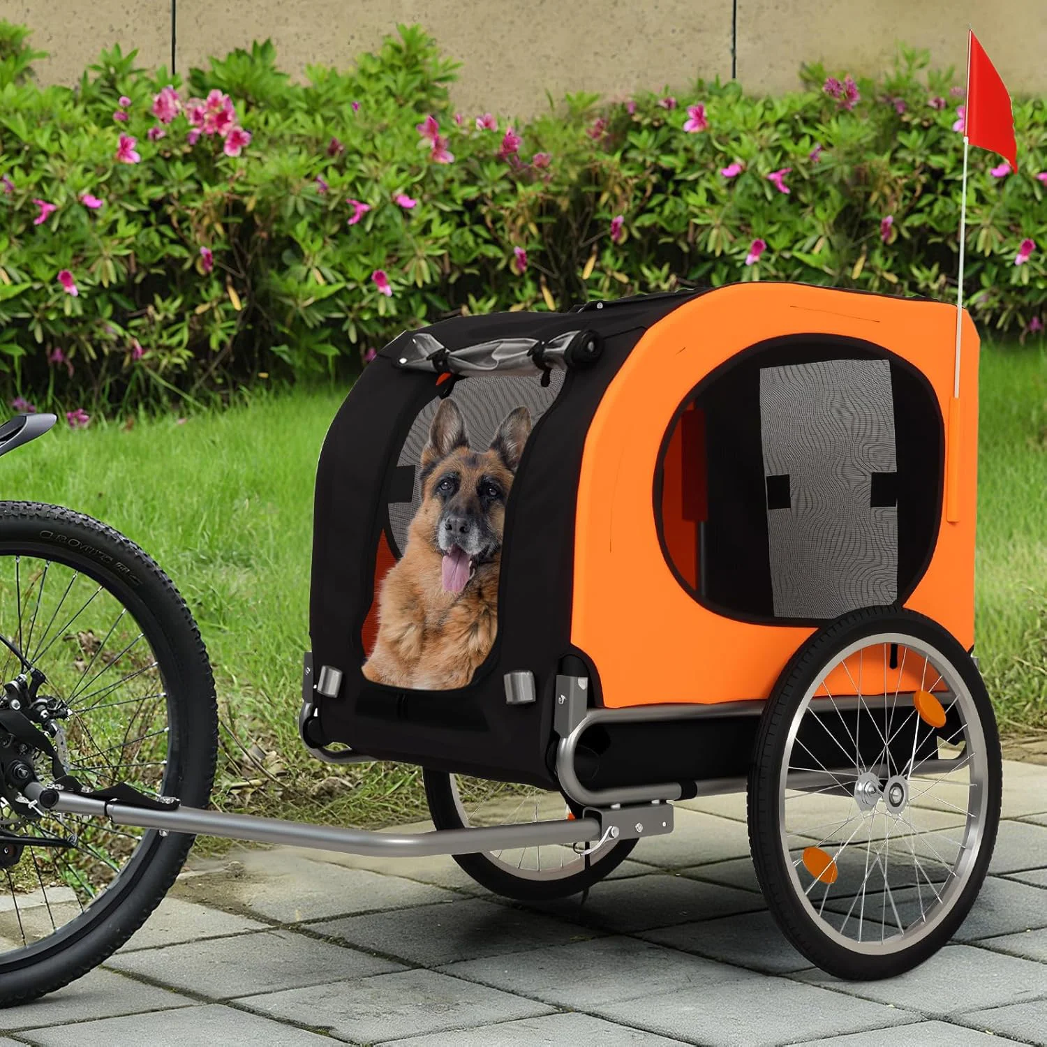 Remorque pour animaux de compagnie pour vélos Remorque de vélo pliable pour chien avec drapeau de signal de freins et attelage de remorque max. Porte-vélo pour chariot pour animaux de compagnie de 44
