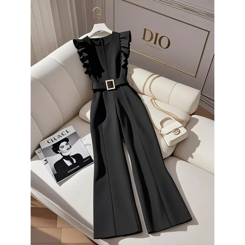 

New High End Temperament Jumpsuit Women Summer Fashion Ruffles Sleeveless Elegant Black Bodysuit Solid Color With Belt