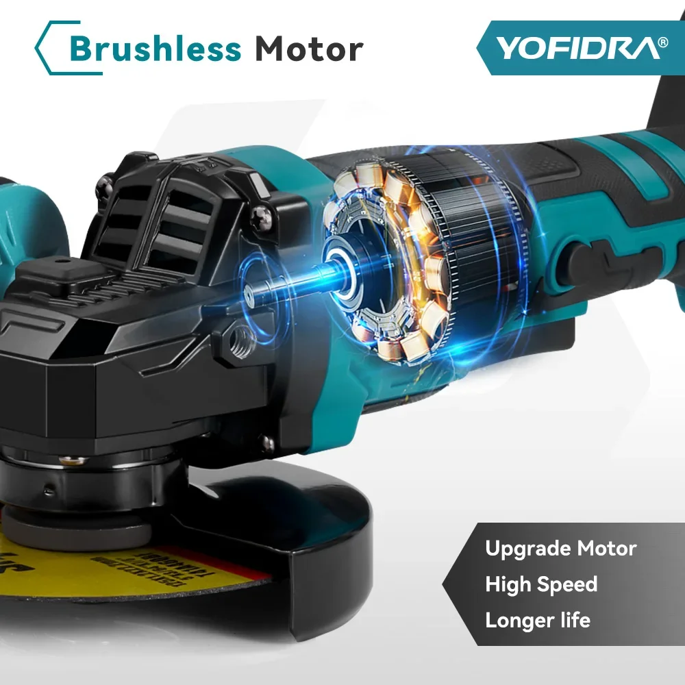 Yofidra 125mm M14 Brushless Angle Grinder 3 Gears Cordless Grinding Machine Cutting Woodworking Tool For Makita 18V Battery