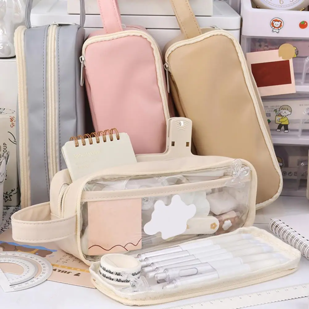 Pencil Case Large Capacity Double Layer Transparent Zipper Closure Waterproof Item Storage PVC Pencil Storage Bag Container