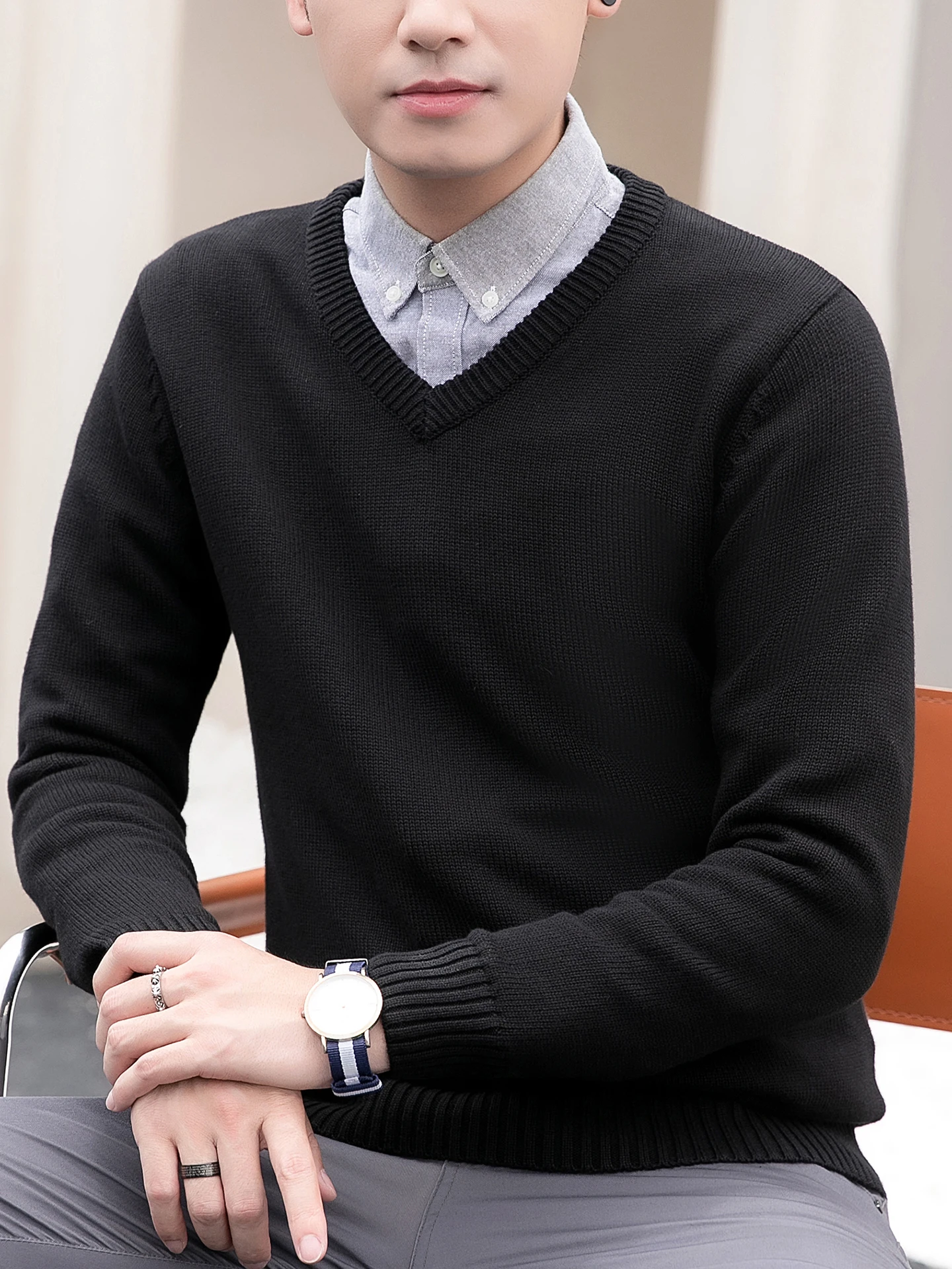 

Трикотажный свитер с V-образным вырезом и длинными рукавами, облегающий, из чистого хлопка, для осени и зимы, молодежный, теплый, дышащий, эластичный, повседневный.